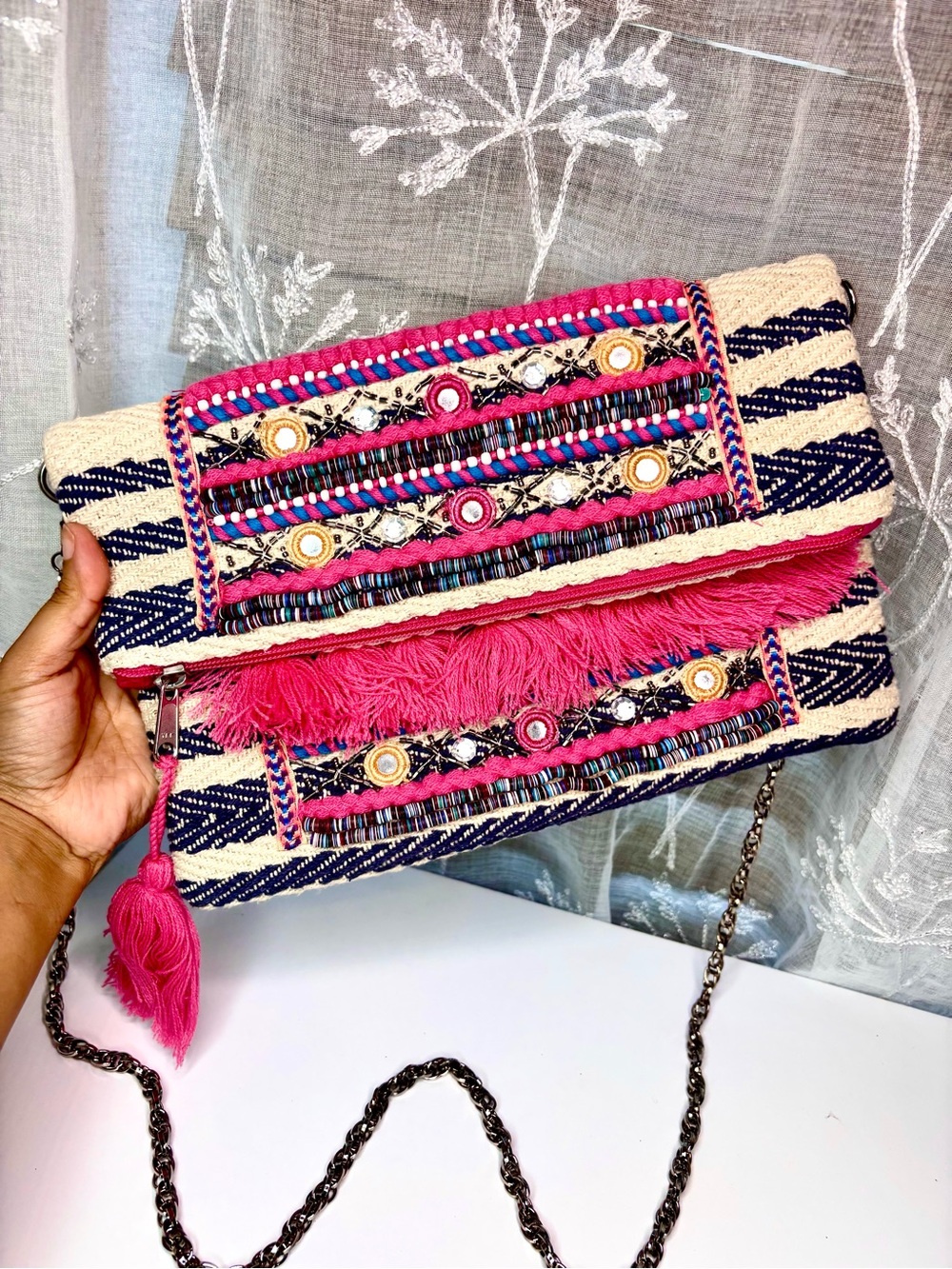 America & Beyond Embroidered Pink Fringe Foldover Clutch W/ Chain Strap Included